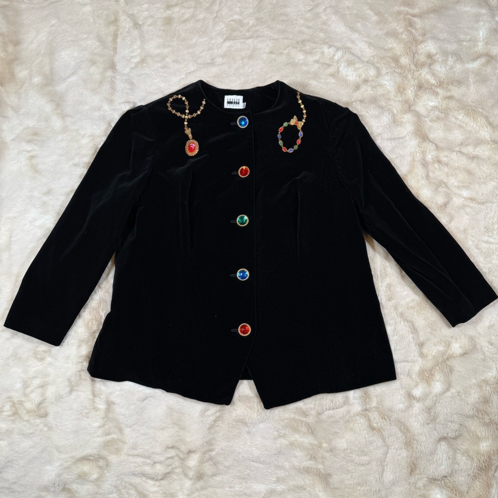 Vintage Black Velvet Blazer Holiday Christmas Novelty Colorful Buttons Sz 20W